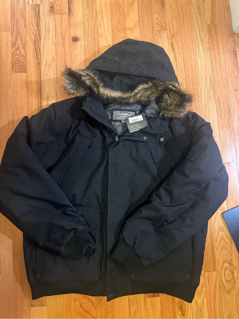 Eddie Bauer Black Hooded Puffer Coat with Faux-Fur Trim